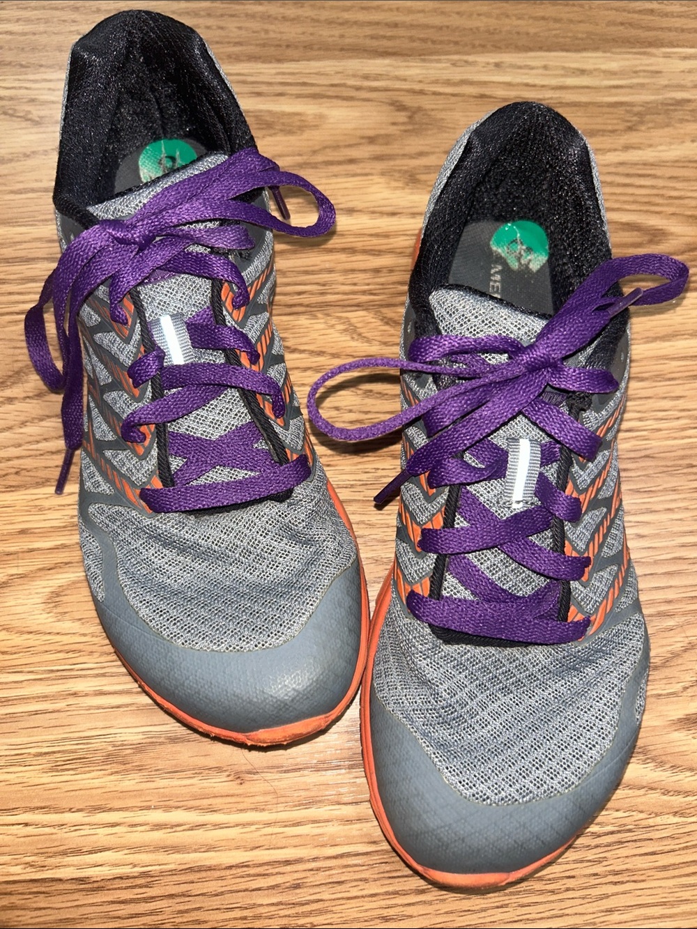 Merrell Gray Bare Access Athletic Shoes with Purple Laces and Orange Accents